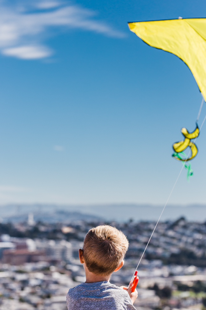 back of five year old boy's head while he looks out over the city holding his kite 