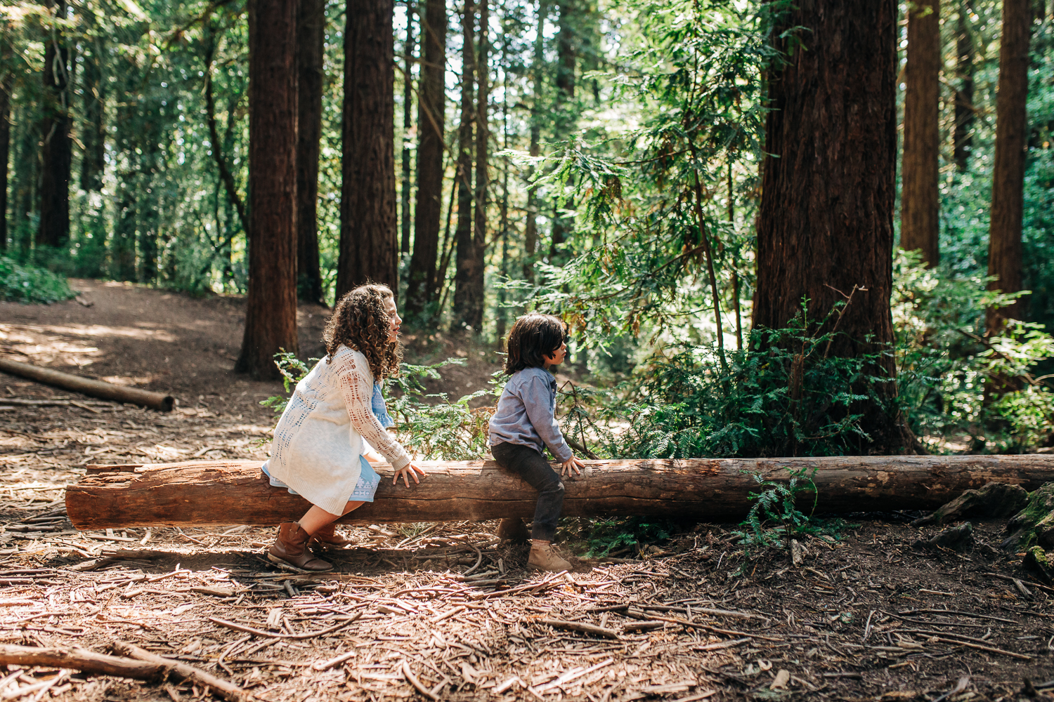 Two kids sitting on a natural log see-saw and playing in Oakland's Joaquin Miller park