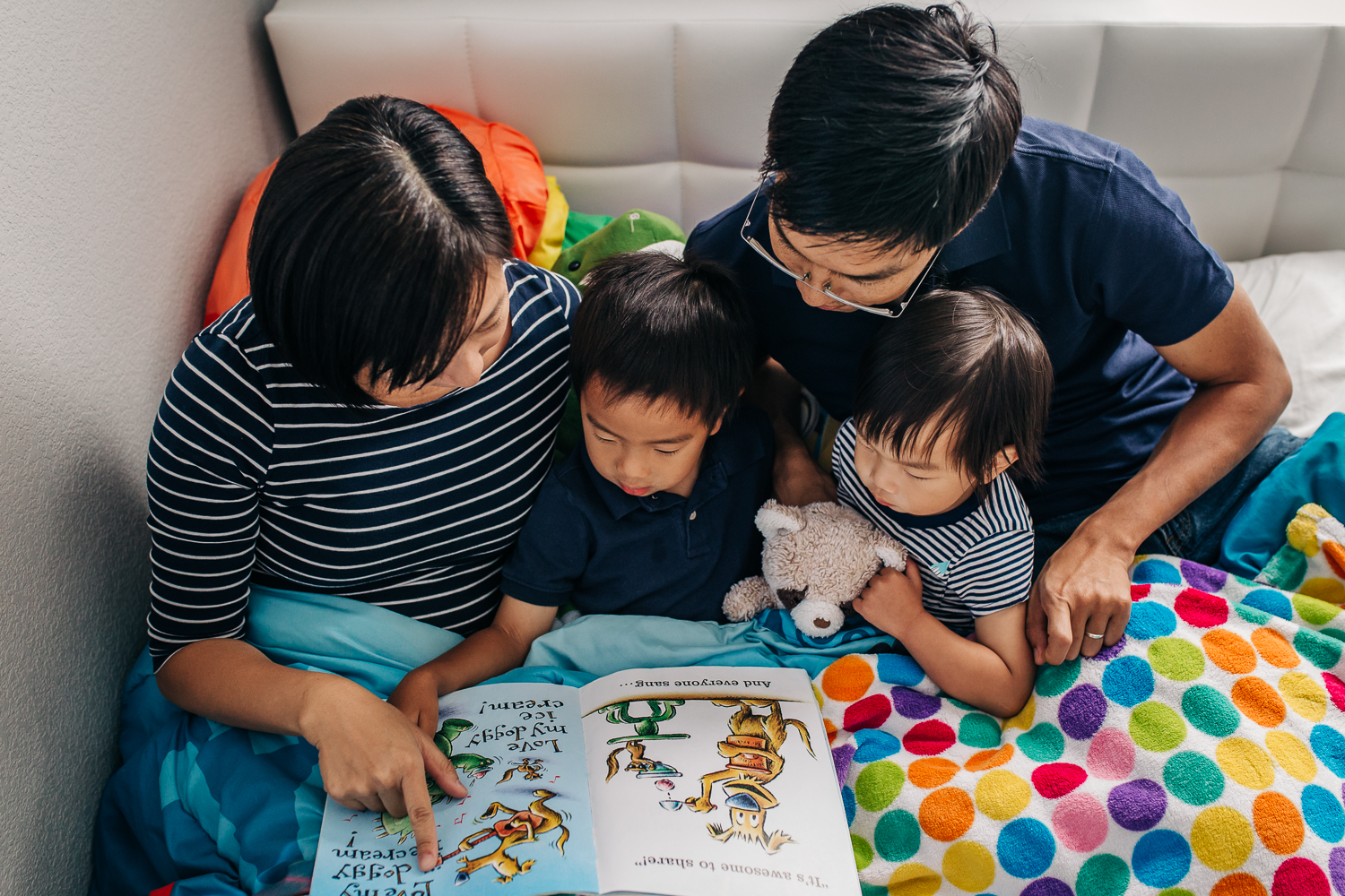 birds eye view of a family reading a book together in bed 