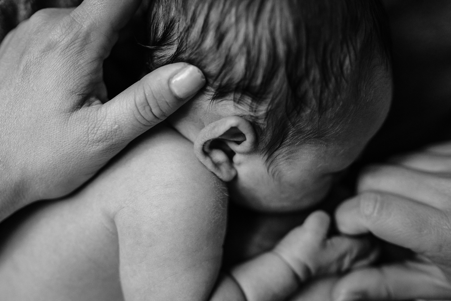 close up of mom holding newborn's head to support him 