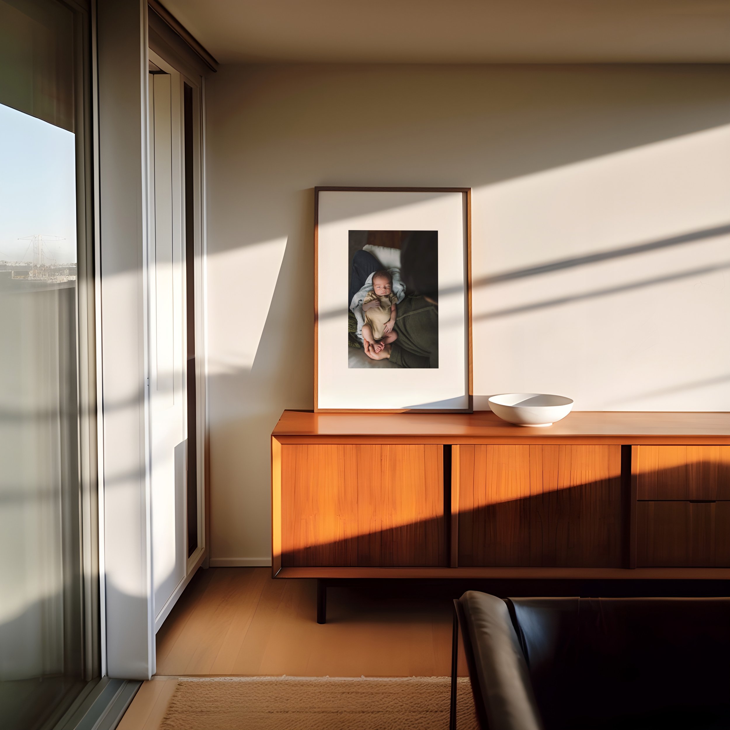 framed-photo-of-newborn-laying-in-dad's arms-with frame-resting-on-shelf-with-shadows-cast-onto-it