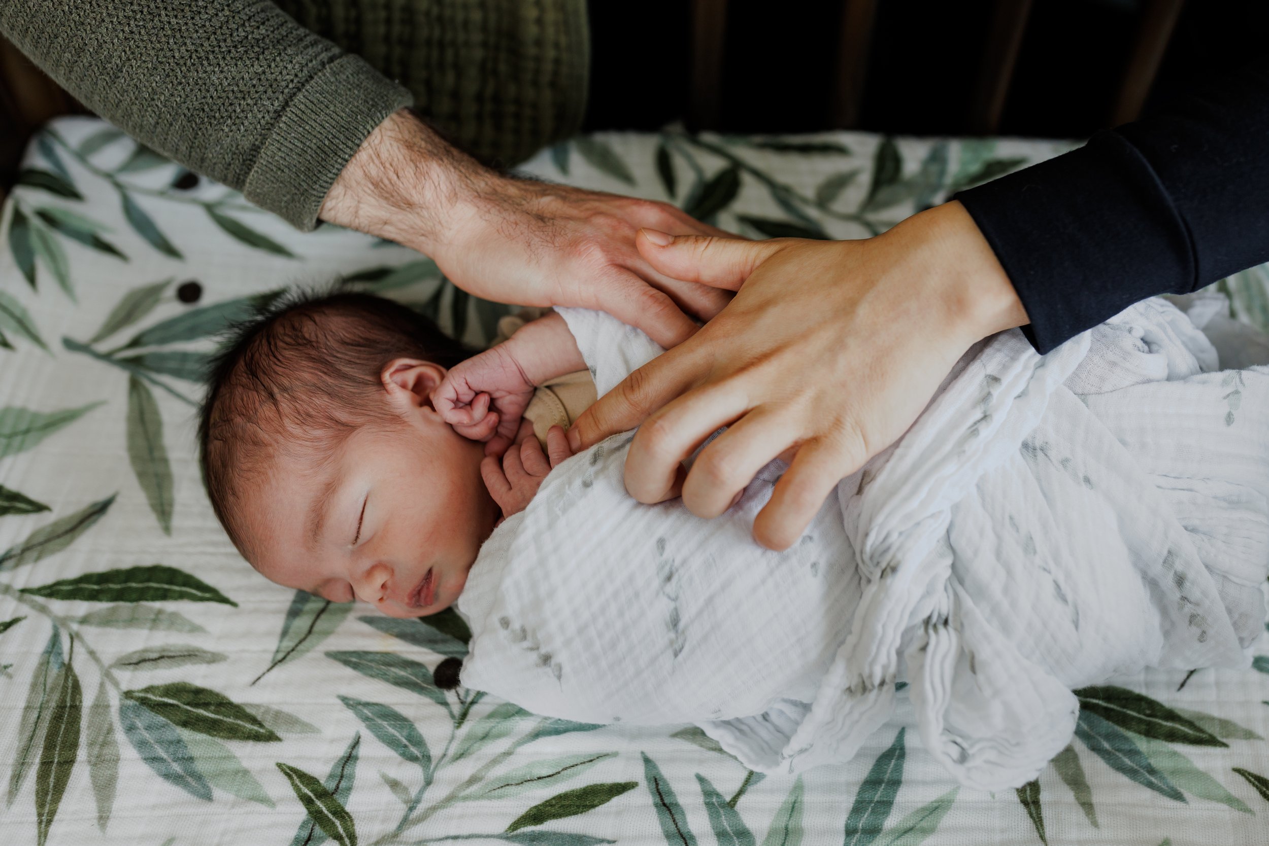 swaddled baby sleeping in crib with mom and dad's hands resting on him