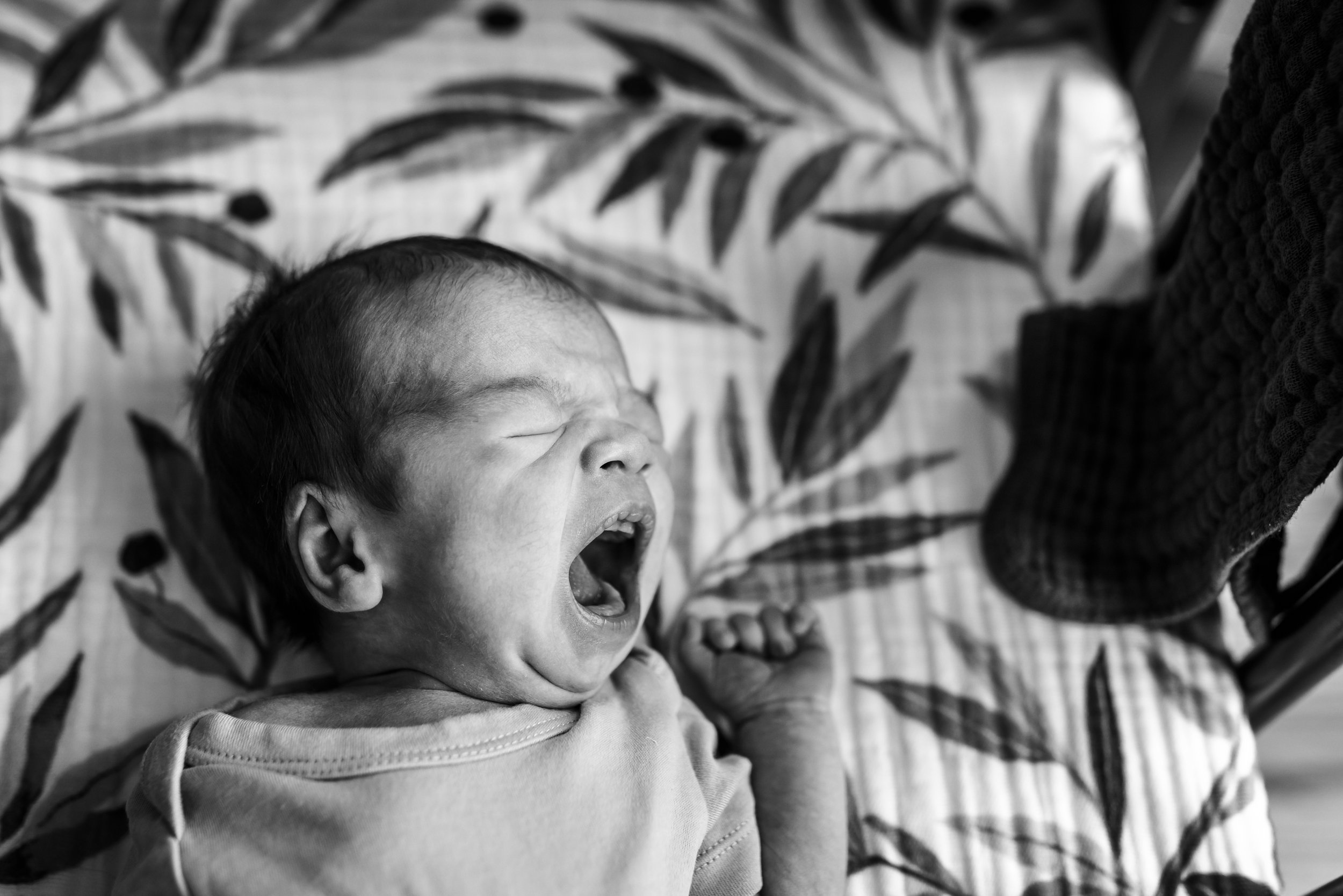 black and white portrait of a newborn yawning while laying in crib