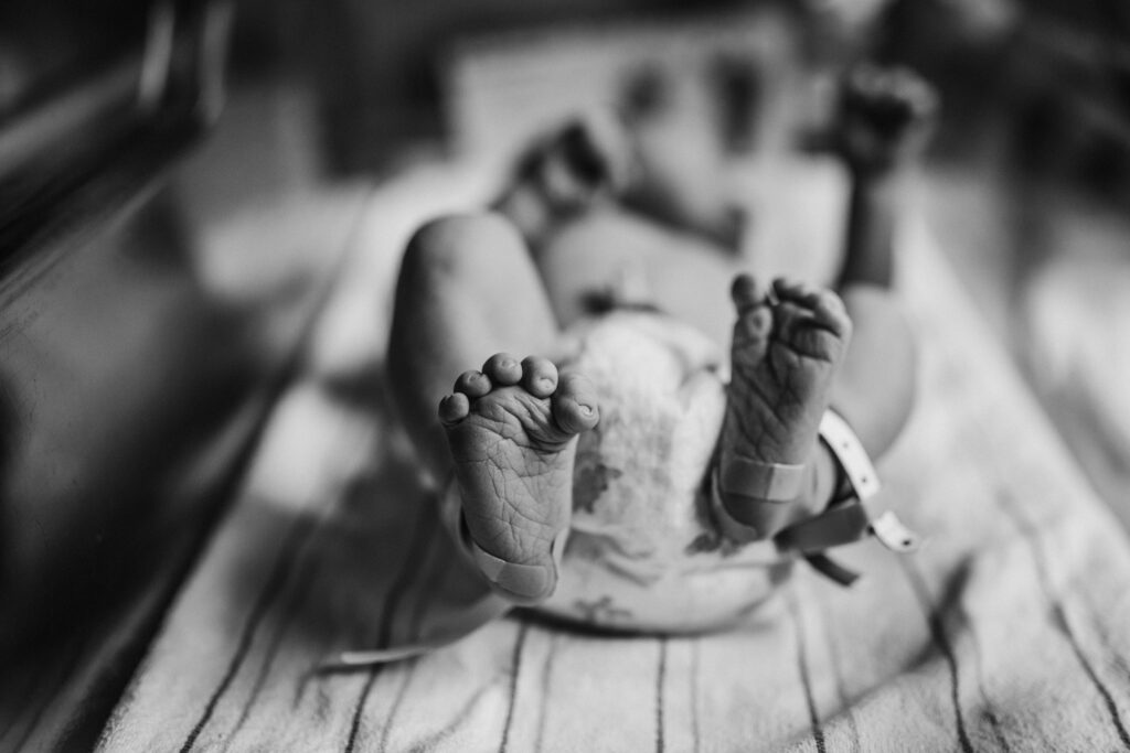 black and white close up of newborn feet East Bay newborn photography