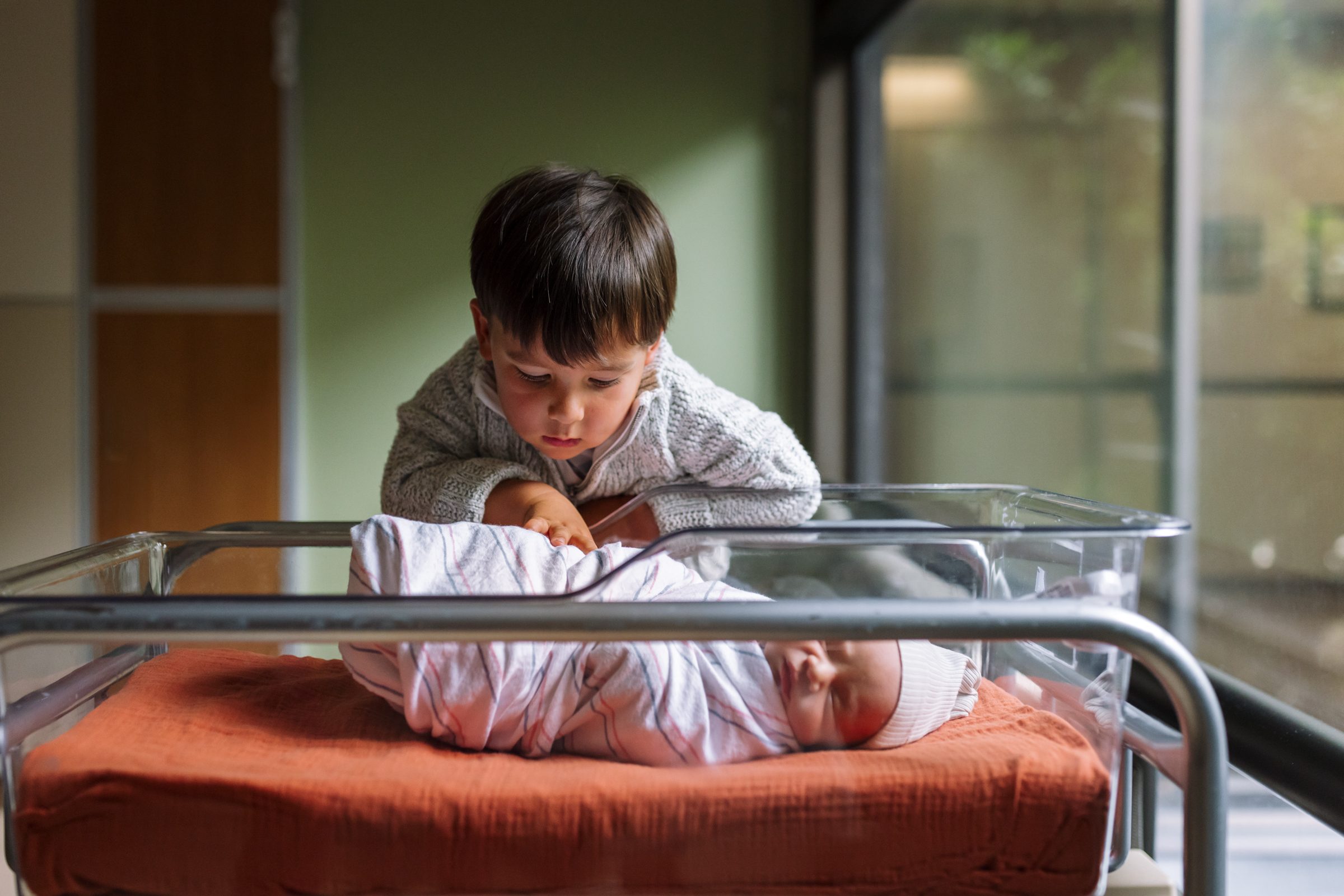 toddler looking at newborn in hospital bassinet Fresh 48 session Berkeley