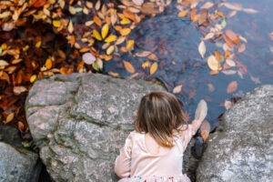 A young girl reaches toward a pond covered in fallen autumn leaves at the UC Botanical Garden in Berkeley